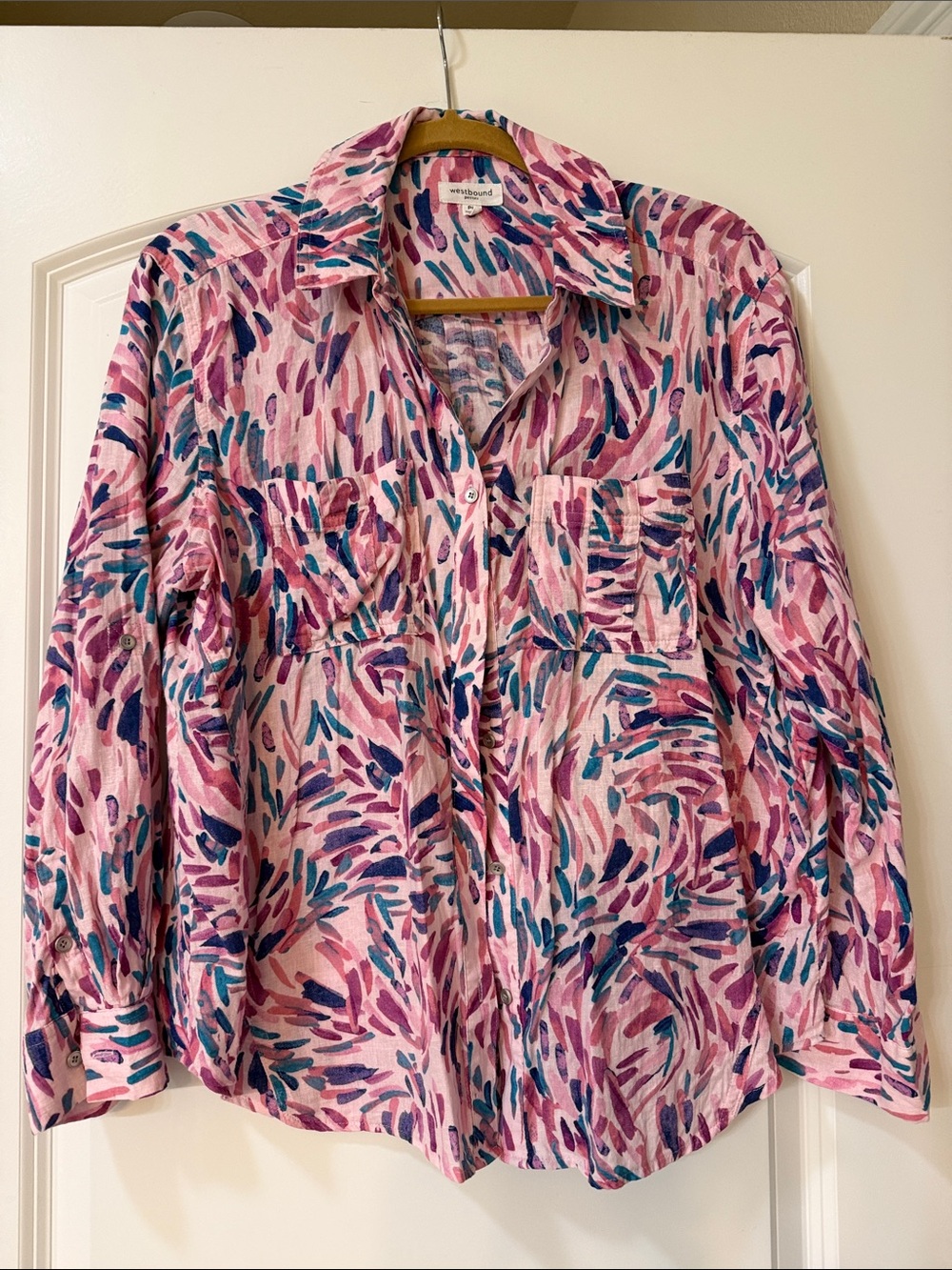 Westbound Pink Brushstroke Print Button-Up Blouse